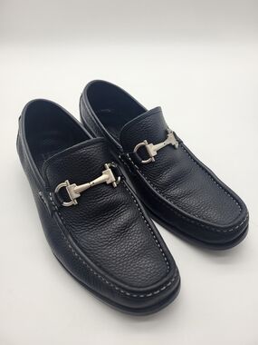 Salvatore Ferragamo Black Pebbled Leather Bit Slip-On Loafers